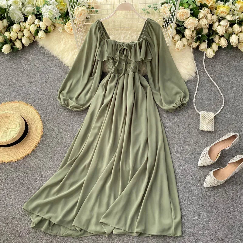 Chic Flowy Maxi Dress Puff Sleeves