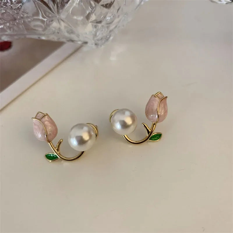 Pink Tulip Earrings Pearl Accent