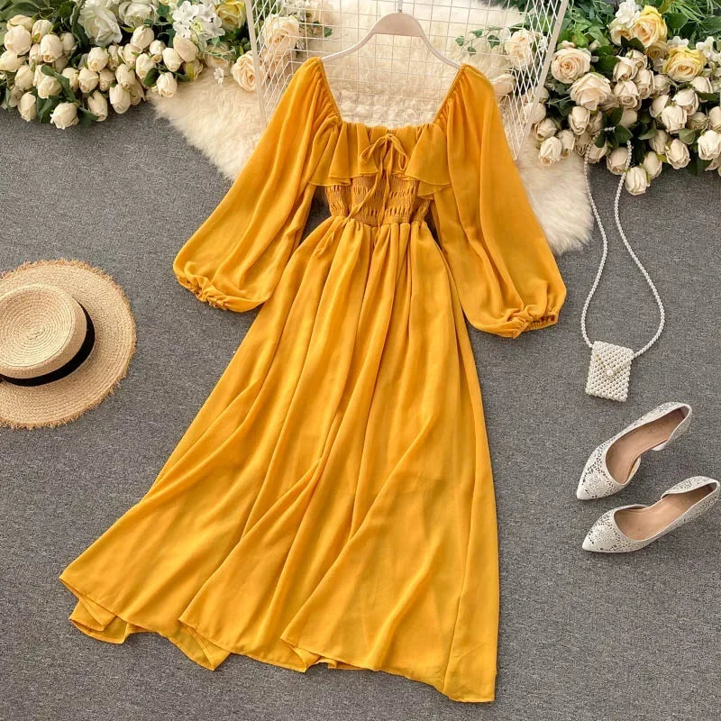 Chic Flowy Maxi Dress Puff Sleeves