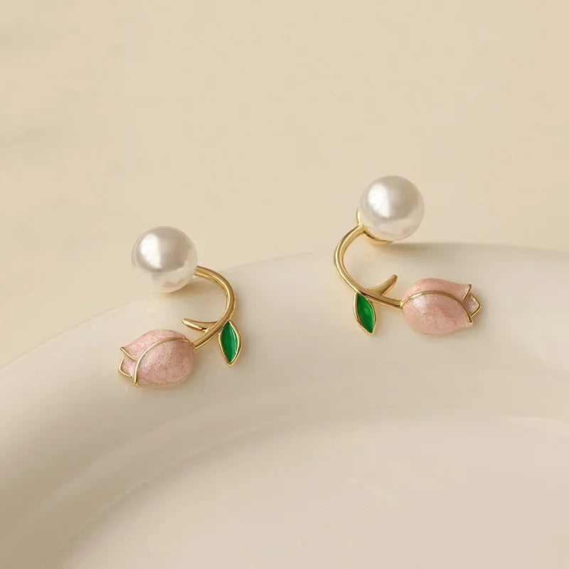 Pink Tulip Earrings Pearl Accent