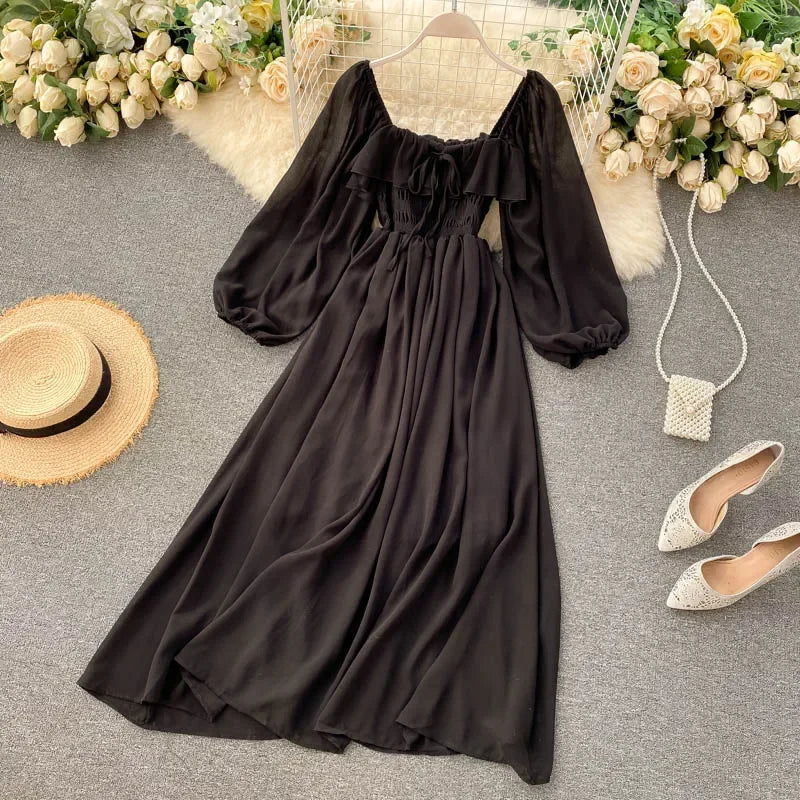 Chic Flowy Maxi Dress Puff Sleeves